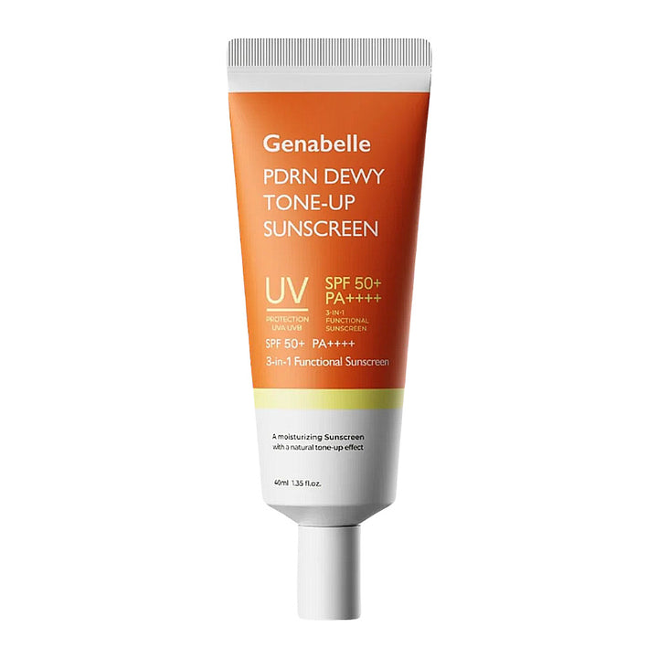Genabelle PDRN Dewy Tone-Up Sunscreen in a squeeze tube with an orange and white design, shown on a plain white background.