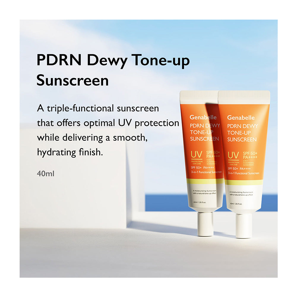 Two tubes of Genabelle PDRN Dewy Tone-up Sunscreen displayed on a clean white surface with a soft blue sky background. Text on the left describes the product as a triple-functional sunscreen with optimal UV protection and a hydrating finish, 40ml size.