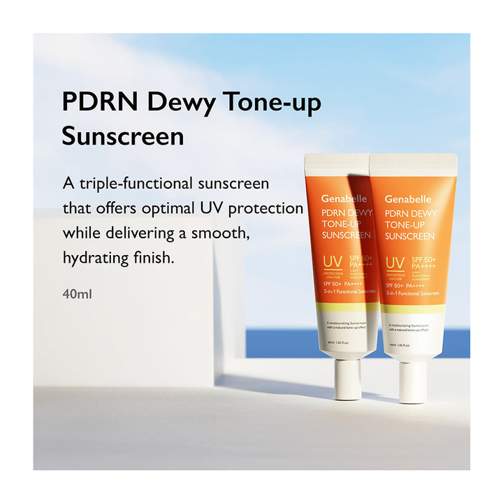 Two tubes of Genabelle PDRN Dewy Tone-up Sunscreen displayed on a clean white surface with a soft blue sky background. Text on the left describes the product as a triple-functional sunscreen with optimal UV protection and a hydrating finish, 40ml size.