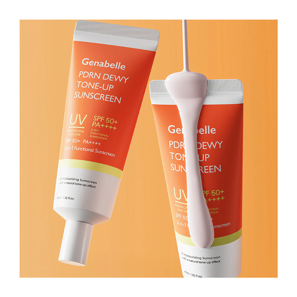Two tubes of Genabelle PDRN Dewy Tone-Up Sunscreen are shown on a warm peach-orange background, with a white spatula lifting thick cream from one tube to demonstrate the product texture.