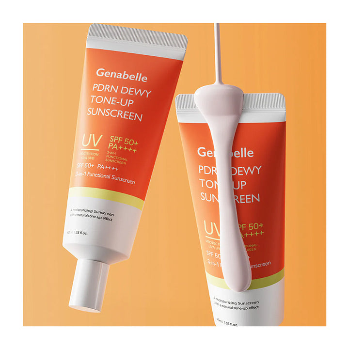 Two tubes of Genabelle PDRN Dewy Tone-Up Sunscreen are shown on a warm peach-orange background, with a white spatula lifting thick cream from one tube to demonstrate the product texture.