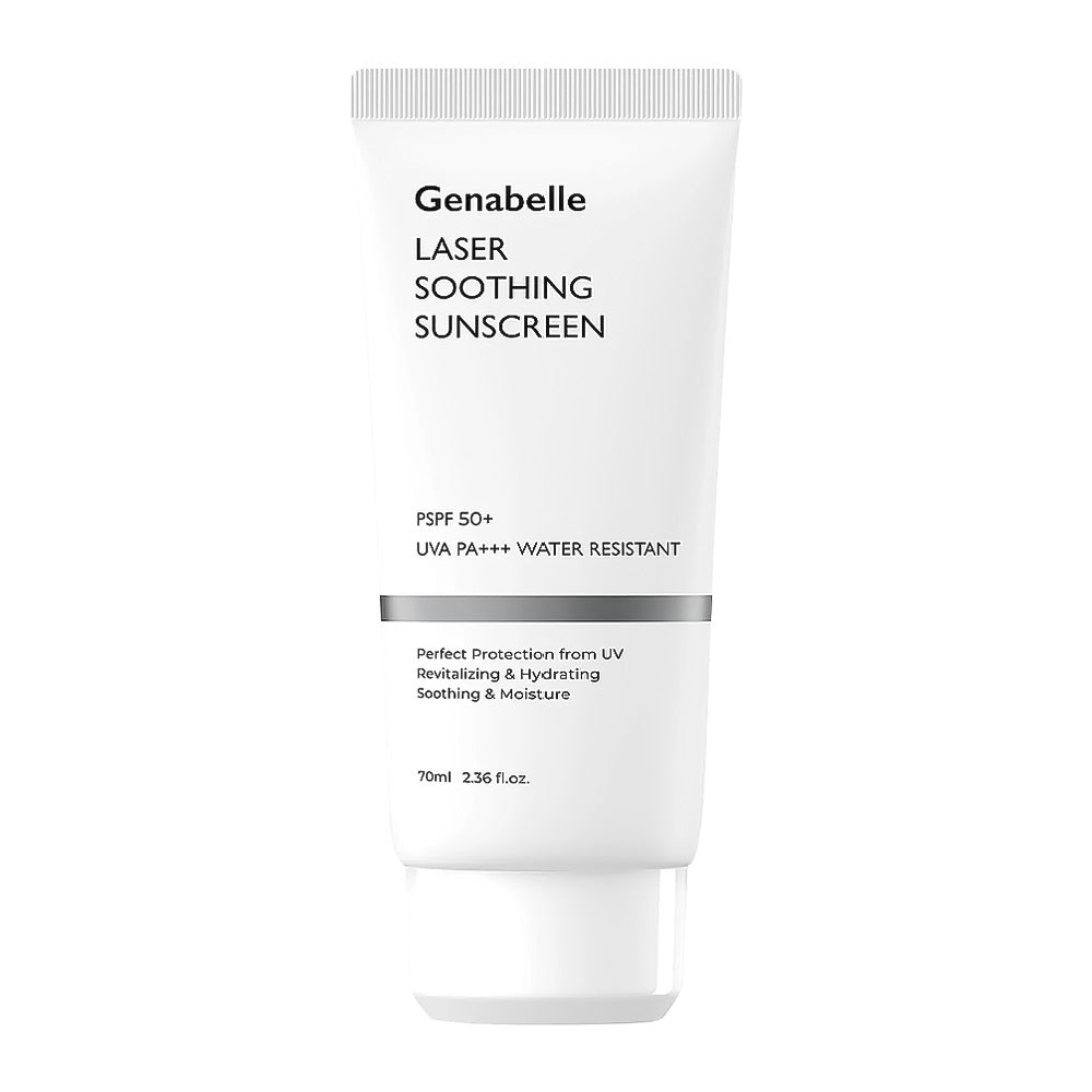 A white squeeze tube of Genabelle Laser Soothing Sunscreen with black text and a silver band, centered on a plain white background.