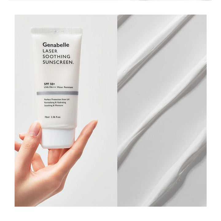 A hand holds a white tube of Genabelle Laser Laser Soothing Sunscreen SPF 50+ on the left, next to a close-up of thick white cream being swiped across a light surface on the right.