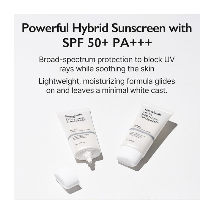 Two white cosmetic sunscreen tubes labeled Garnballe Hyaluve Powerful Hybrid Sunscreen with SPF 50+ PA+++ are shown on a light gray background with descriptive text above them.