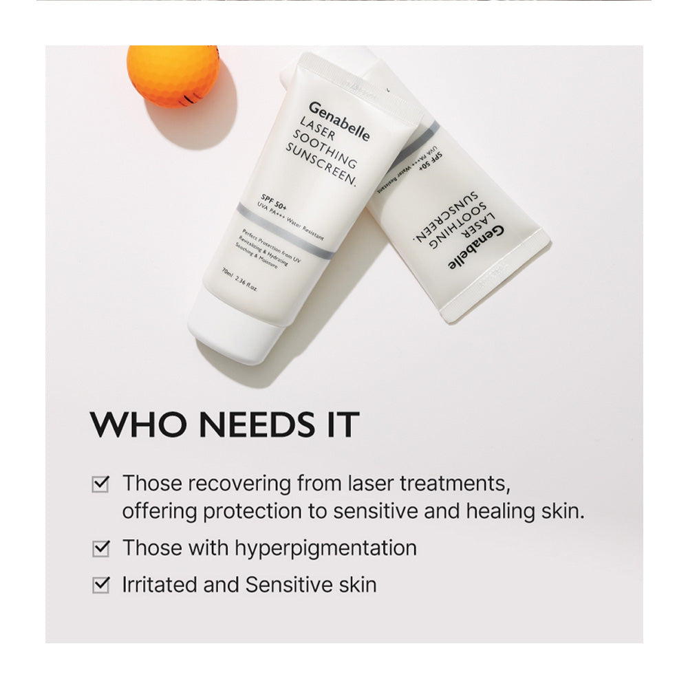 Two white Genabellie skincare tubes, Laser Soothing Sunscreen and Laser Smoothing Sunscreen, displayed on a light gray background with an orange fruit prop. Below the products, text reads &