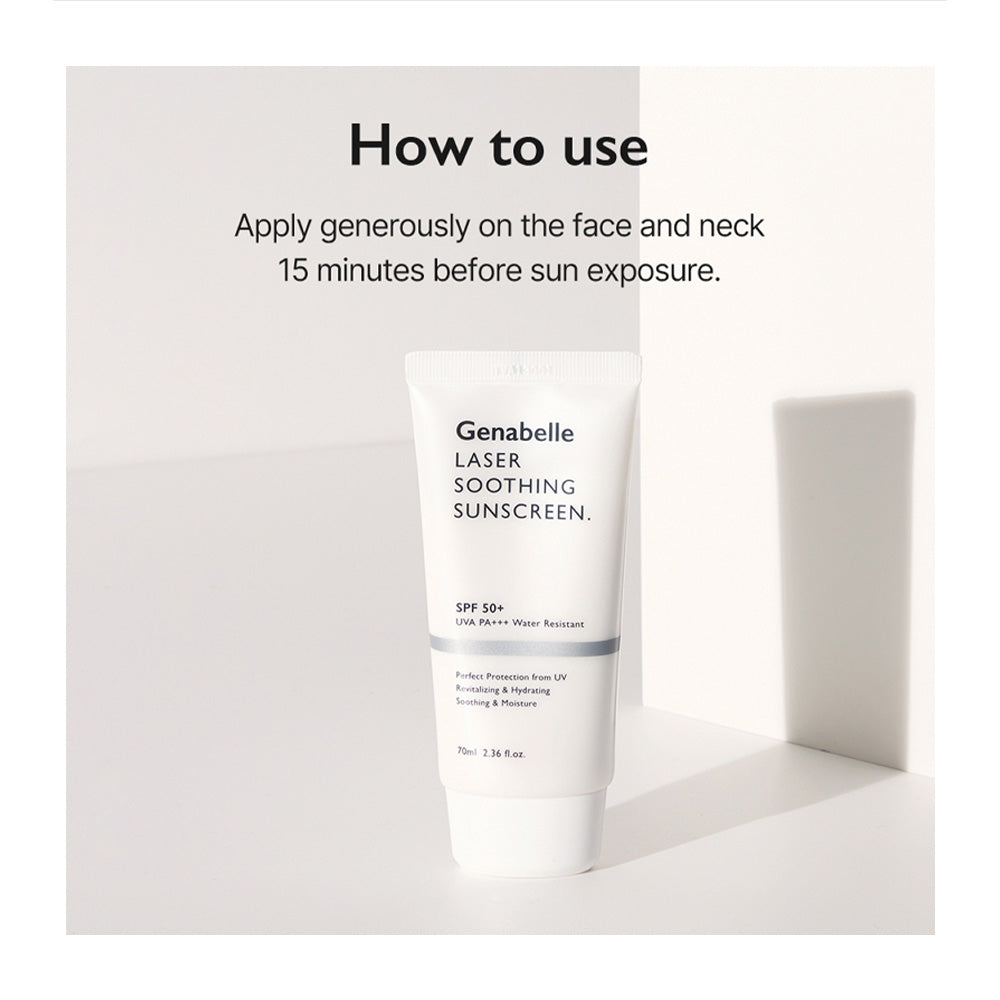 A white tube of Genabelle Laser Soothing Sunscreen SPF 50+ stands on a white surface with text above reading &