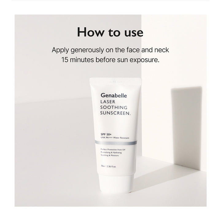 A white tube of Genabelle Laser Soothing Sunscreen SPF 50+ stands on a white surface with text above reading &