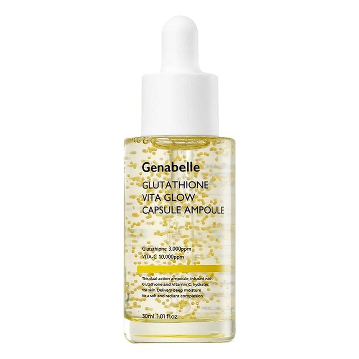 Genabelle Glutathione Vita Glow Capsule Ampoule skincare bottle with a white dropper cap, containing a golden yellow liquid with visible gold capsules, on a white background.