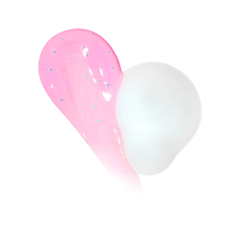 A cosmetic product smear showing a glossy pink gel with tiny blue glitter flecks on one side, blending into a smooth opaque white texture on the other, set against a solid white background.