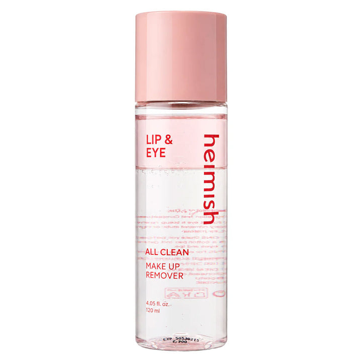 Heimish lip and eye makeup remover bottle with pink cap on a white background