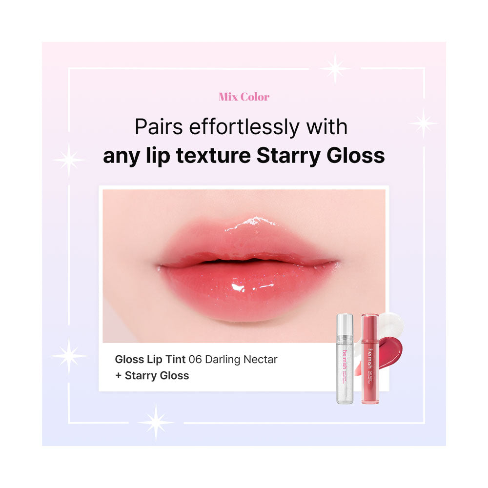Lip gloss product with a close-up of lips wearing the gloss and text about compatibility.