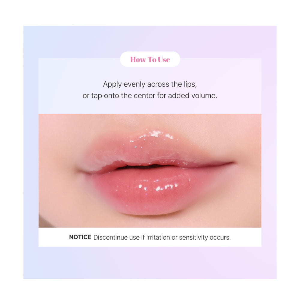 Lips with gloss applied, showing how to use and a notice about potential side effects.