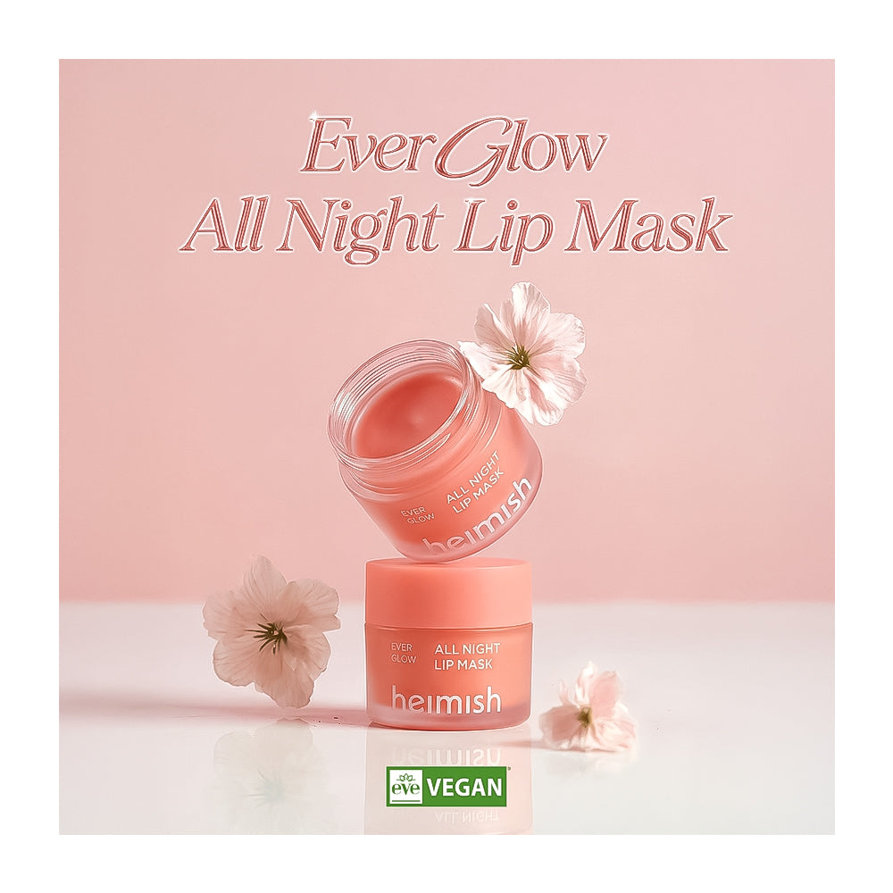 Heimish All Night Lip Mask packaging with pink background and floral elements