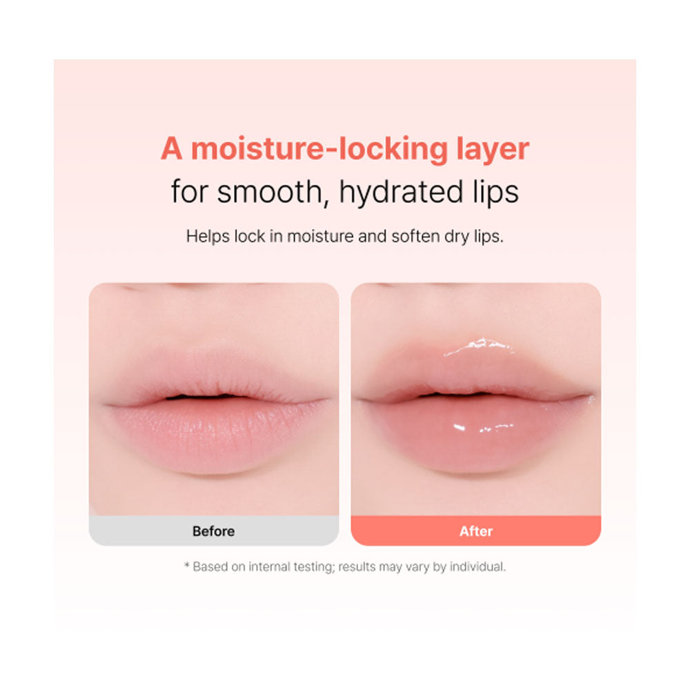 Before and after comparison of lips with a moisture-locking layer product.