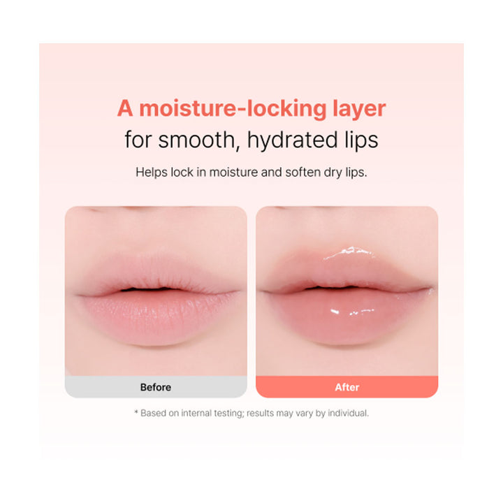 Before and after comparison of lips with a moisture-locking layer product.
