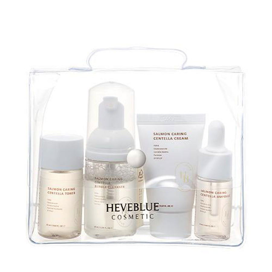 HEVEBLUE Salmon Caring Centella Special Travel Kit Bag - Peaches&Creme Shop Korean Skincare Malta