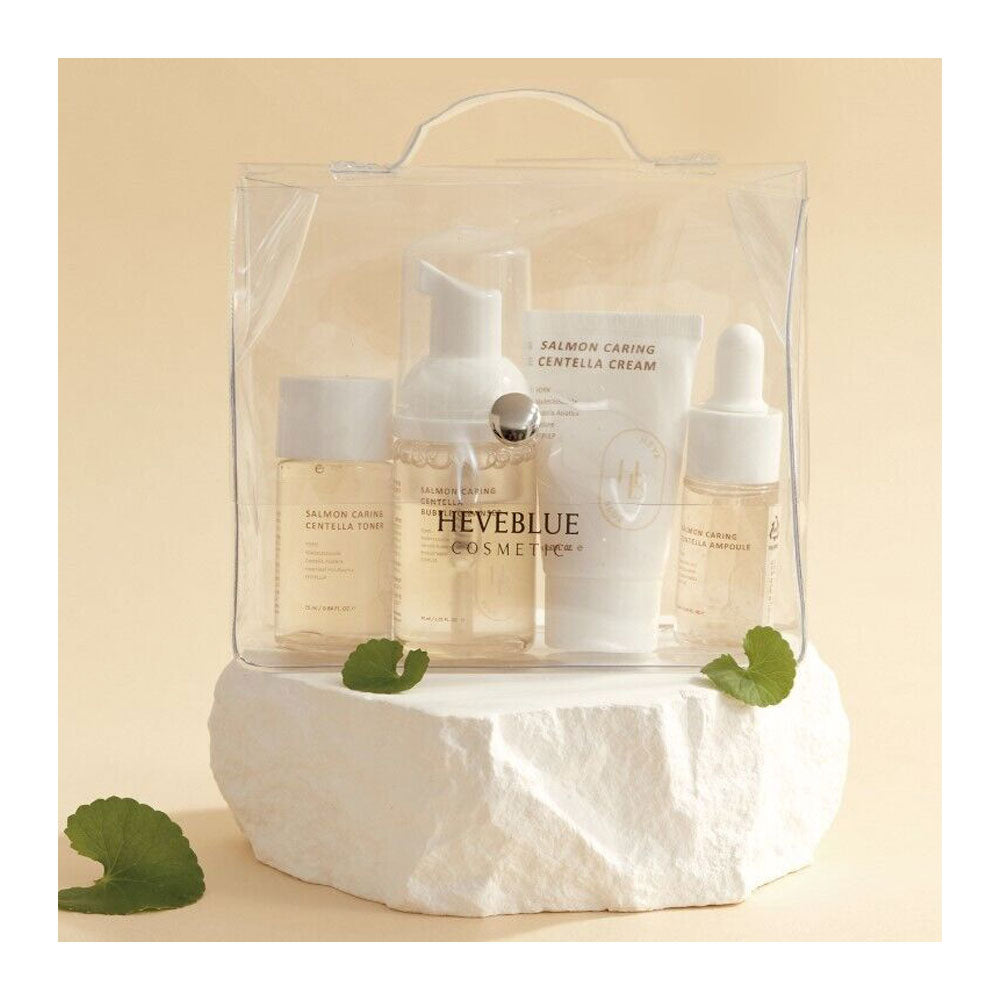 HEVEBLUE Salmon Caring Centella Special Travel Kit Bag - Peaches&Creme Shop Korean Skincare Malta