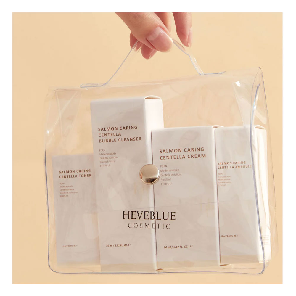 HEVEBLUE Salmon Caring Centella Special Travel Kit Bag - Peaches&Creme Shop Korean Skincare Malta
