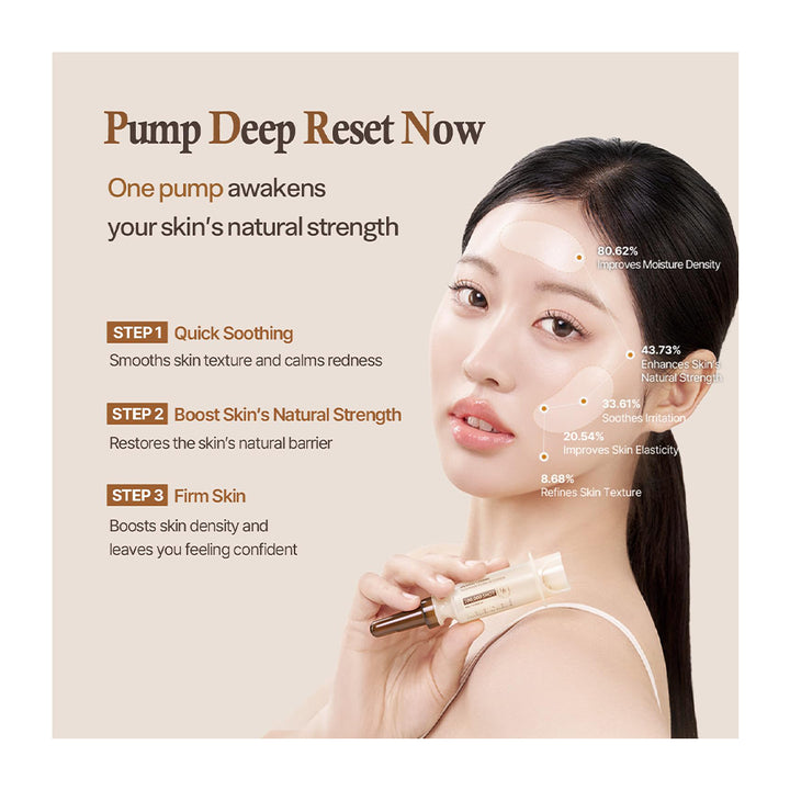 A beauty marketing graphic with a woman holding a small skincare pump device and text reading &