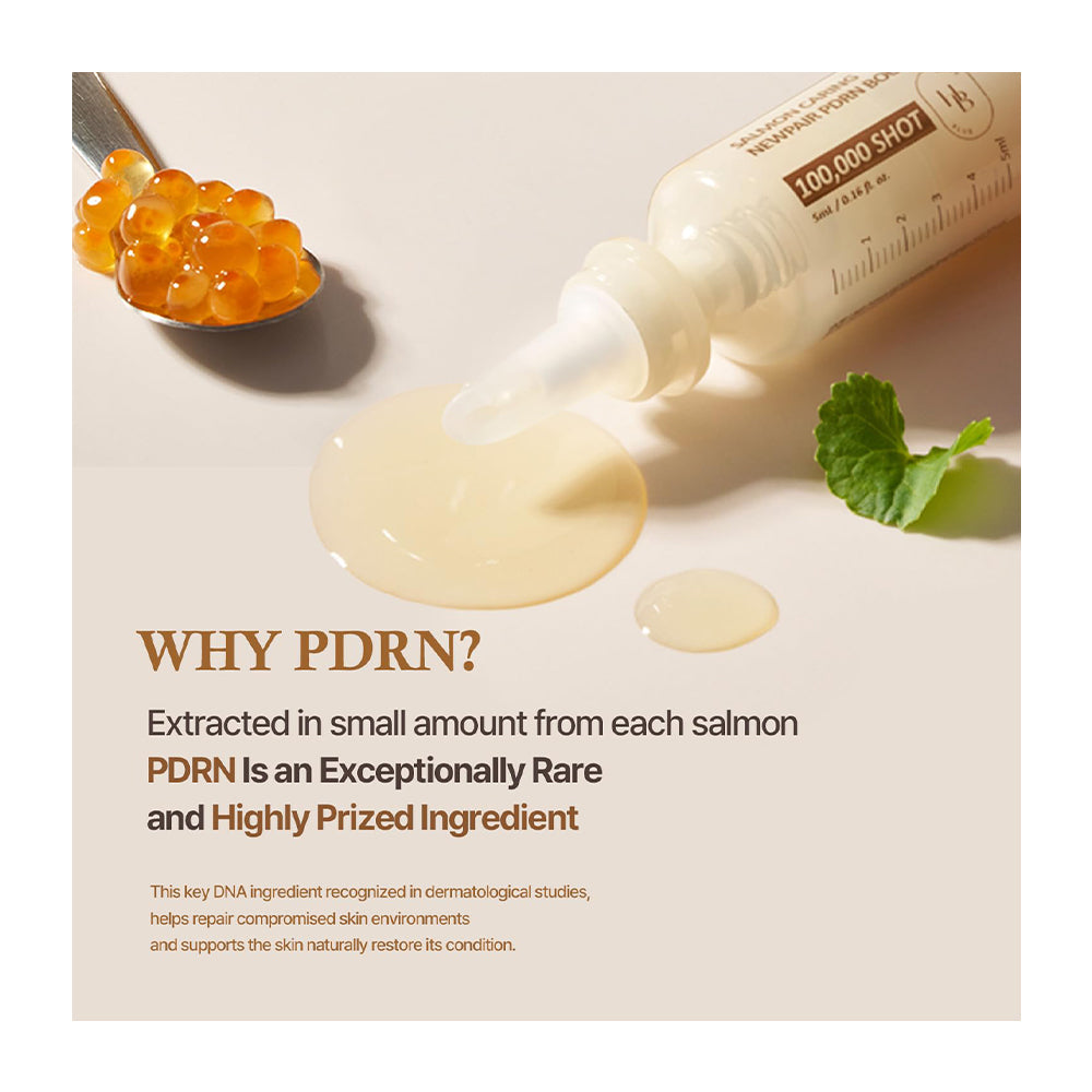 A cosmetic dropper bottle labeled '100,000 SHOT' lies on a beige surface with a smear of pale yellow cream and a spoonful of orange salmon caviar. Text reads 'WHY PDRN?' and describes the ingredient.