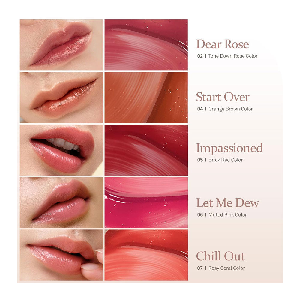 Collage of lip swatches with corresponding color names and shades.