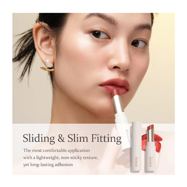 Woman applying lipstick with a close-up of the product, featuring text about its comfort and adhesion.