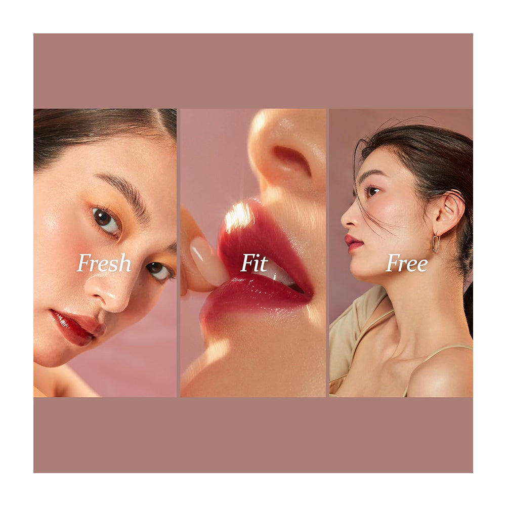 Lip product advertisement with close-up of lips and side profile of a woman on a beige background.