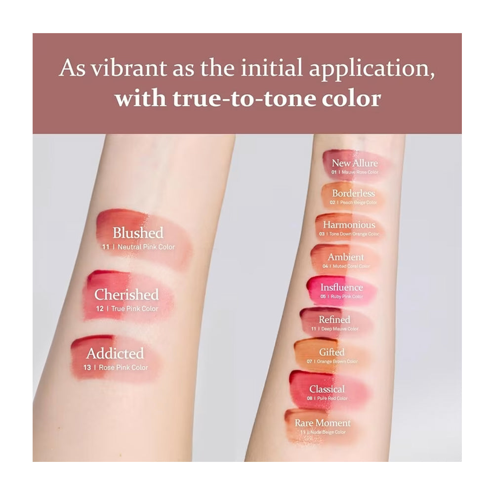Lipstick swatches on a arm with text about color accuracy