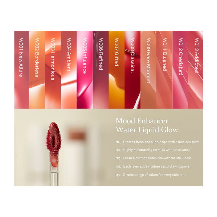 Mood Enhancer Water Liquid Glow product packaging with lip swatches and a brush.
