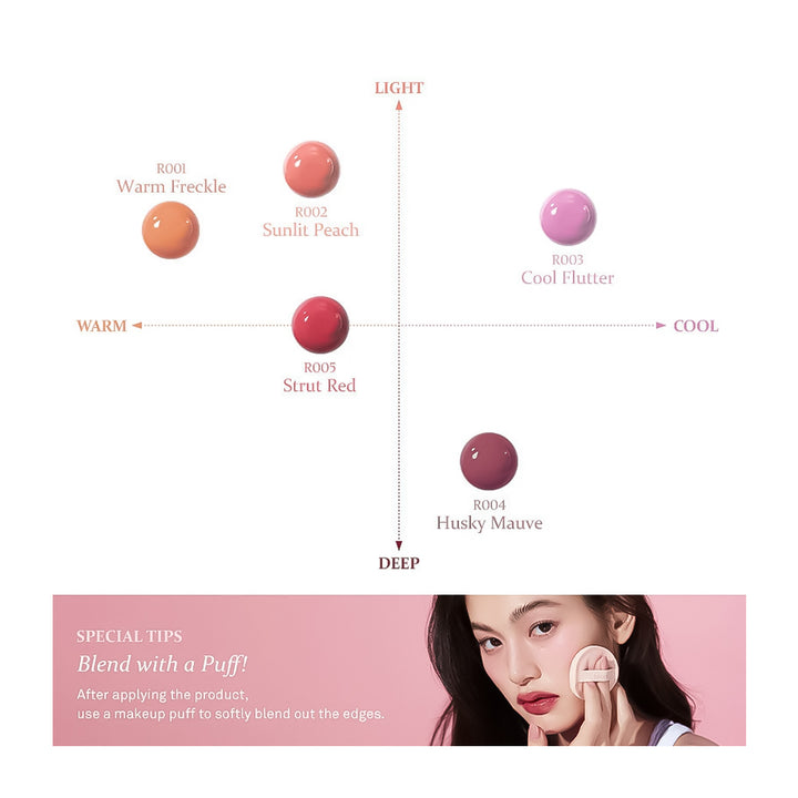 Color swatches of makeup shades with a woman applying makeup on a pink background
