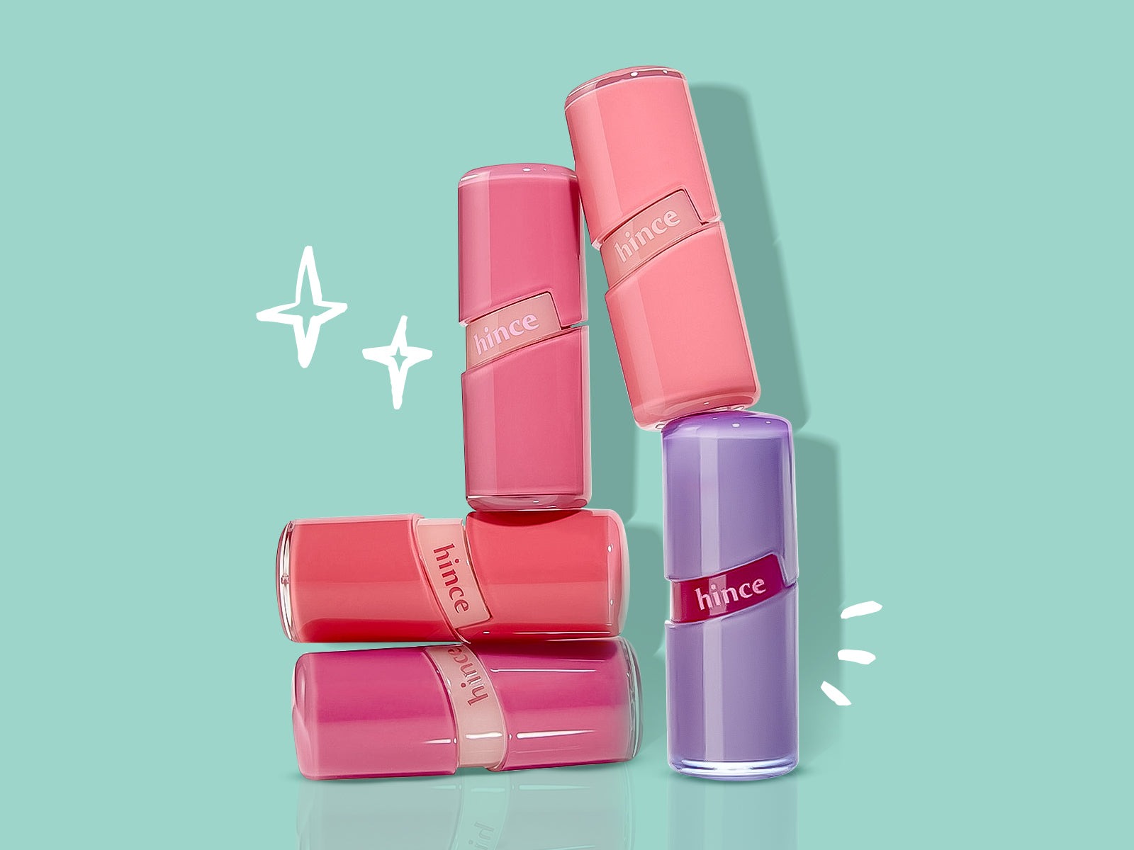 Pink and purple lip balms with 'hince' branding on a light blue background