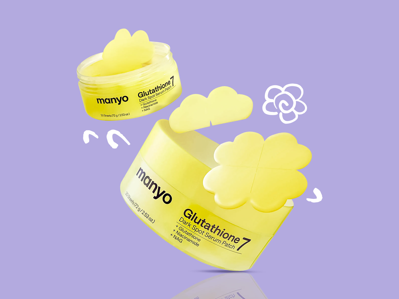 Yellow skincare jar labeled 'manyo' on a purple background