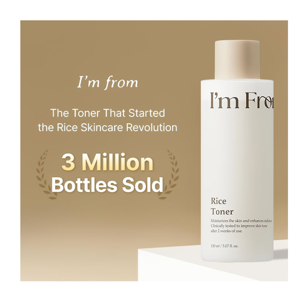I'm From Rice Toner bottle with promotional text on a beige background