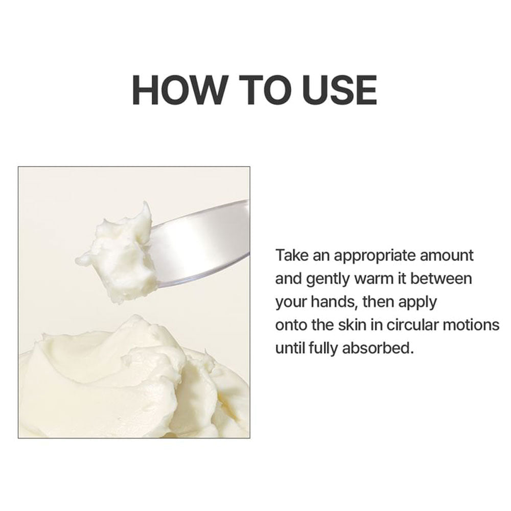 Instructions on how to use a skincare product with text and close-up of cream.