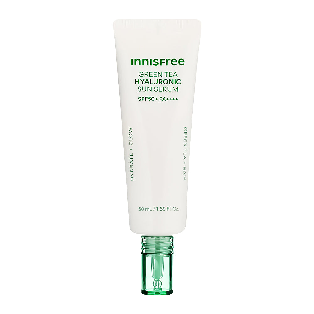Innisfree Green Tea Hyaluronic Sun Serum bottle on a white background