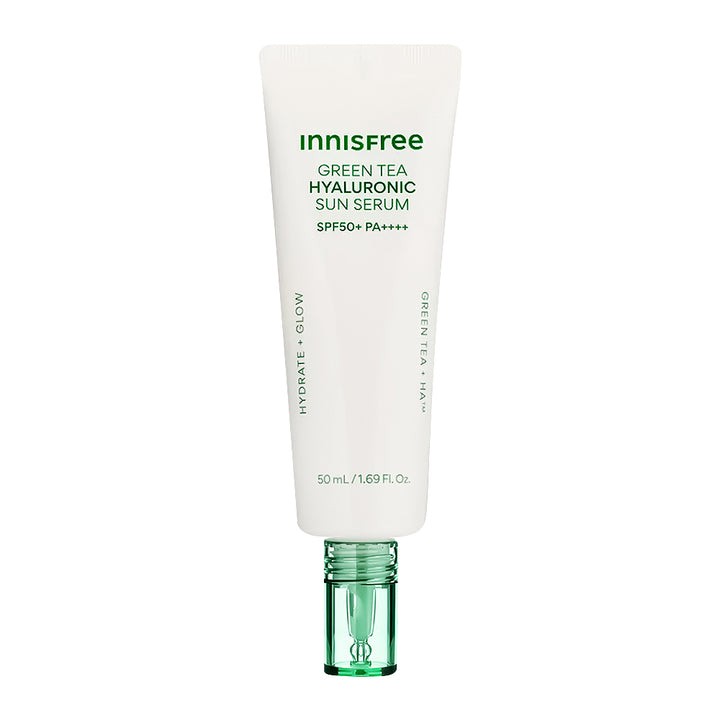 Innisfree Green Tea Hyaluronic Sun Serum bottle on a white background