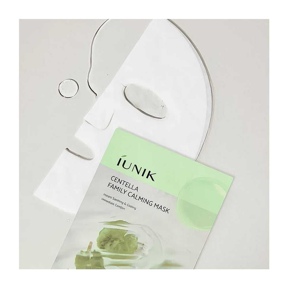 IUNIK Centella Family Calming Mask packaging on a light gray background