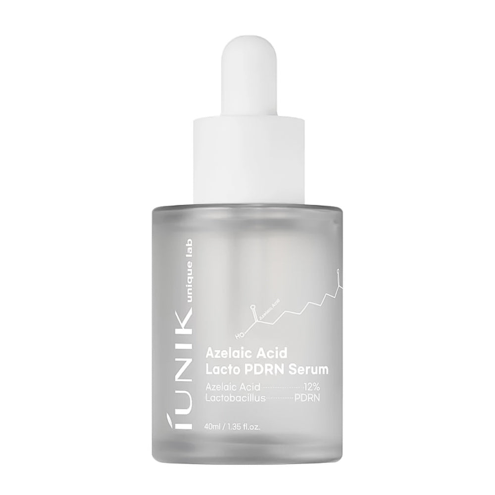 A 40ml dropper bottle of iUNIK Unique Lab Azelaic Acid Lacto PDRN Serum, featuring a frosted glass bottle and a white rubber dropper cap, set against a plain white background.