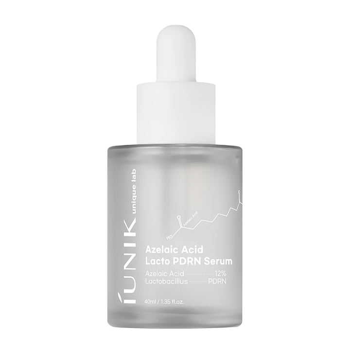 A 40ml dropper bottle of iUNIK Unique Lab Azelaic Acid Lacto PDRN Serum, featuring a frosted glass bottle and a white rubber dropper cap, set against a plain white background.
