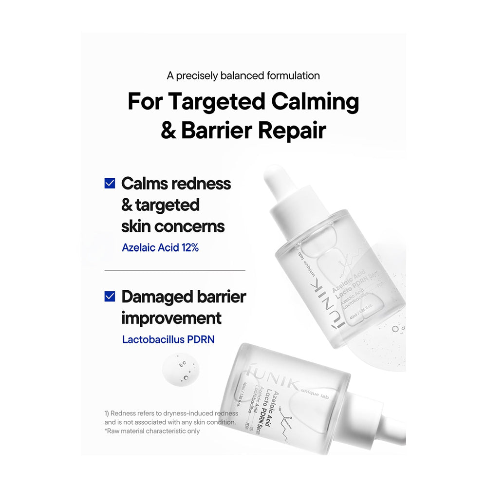 Two clear skincare dropper bottles with white caps on a white background, accompanied by marketing text highlighting &