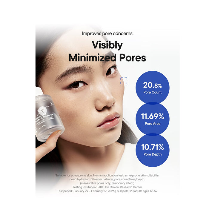 Promotional graphic for a skincare product showing a close-up of a woman holding a small bottle near her face, with text reading &