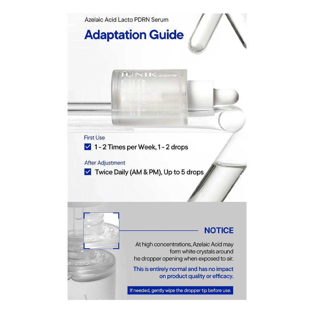 An adaptation guide infographic for Azelaic Acid Lacto PDRN Serum by JUNK+ Labs. The guide features product imagery of a glass dropper and serum droplets, with text detailing usage instructions: &
