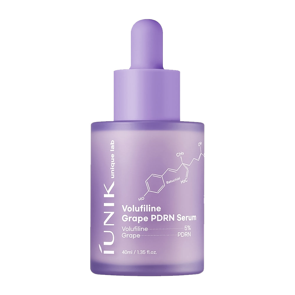 A bottle of IUNIK Unique Lab Volufiline Grape PDRN Serum in a lavender purple color, featuring a matching dropper cap, set against a plain white background.