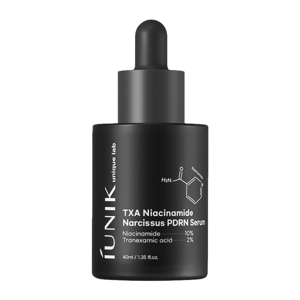 A 40ml black dropper bottle of IUNIK Unique Lab TXA Niacinamide Narcissus PDRN Serum, shown against a plain white background.