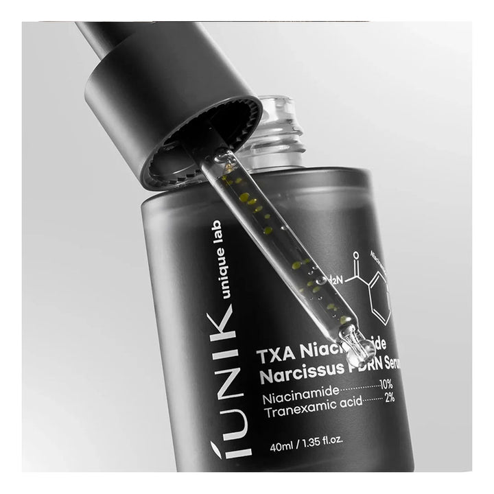 A close-up studio shot of a black skincare dropper bottle labeled &