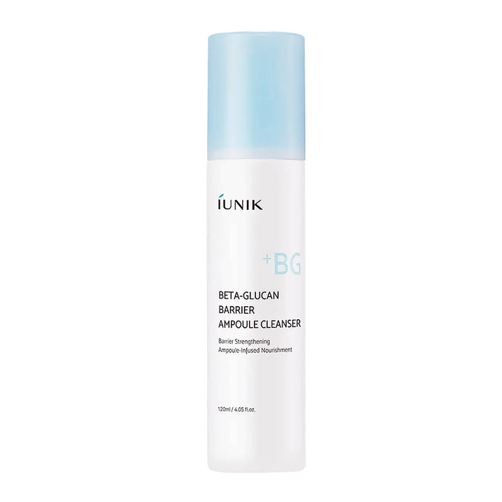 A 120ml white bottle of Iünik +BG Beta-Glucan Barrier Ampoule Cleanser with a light blue cap, shown on a plain white background.