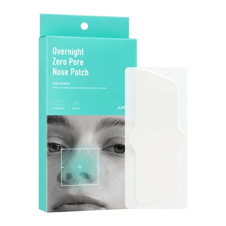 Packaging of Overnight Zero Pore Nose Patch with a teal color scheme.