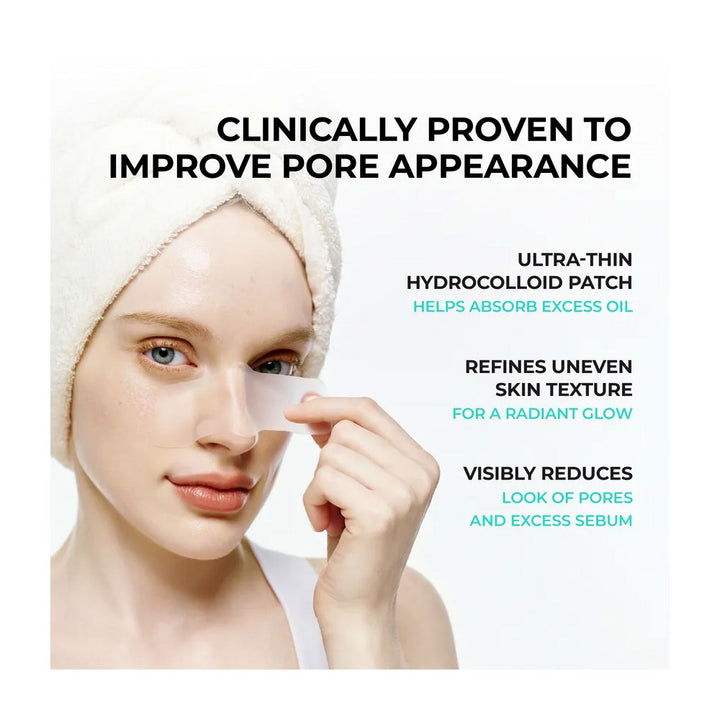 Woman applying a hydrocolloid patch to her face with text highlighting benefits on a white background