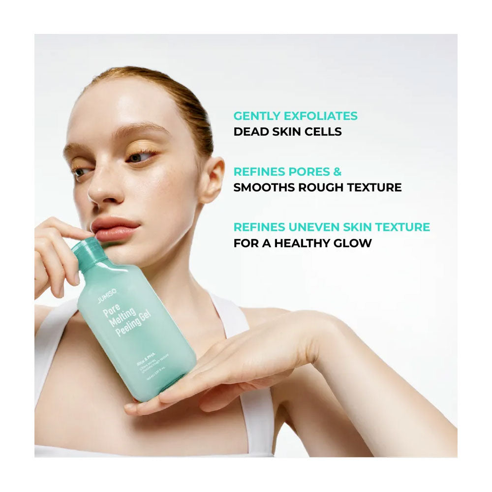 Woman holding a skincare product with text about its benefits on a white background