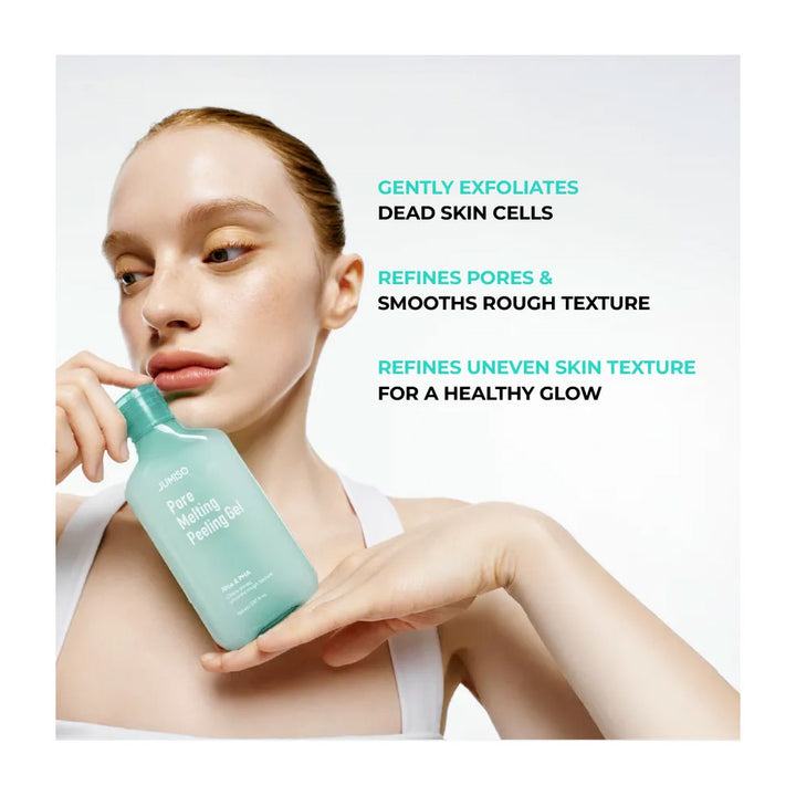 Woman holding a skincare product with text about its benefits on a white background